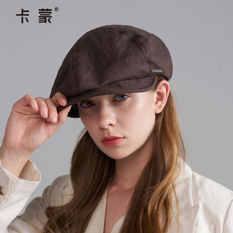 卡蒙100%亚麻贝雷帽女2025新款复古画家帽大头围简约百搭前进帽秋