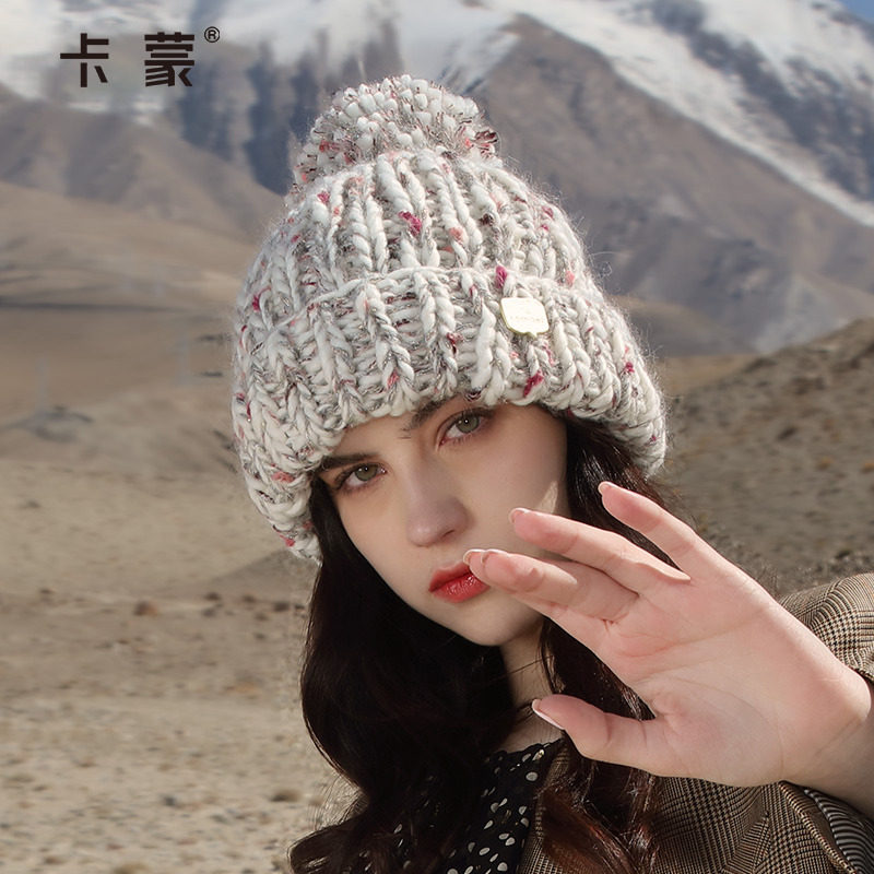 卡蒙绵羊毛粗毛线帽女冬季大头围护耳针织帽显脸小加厚保暖糖果帽