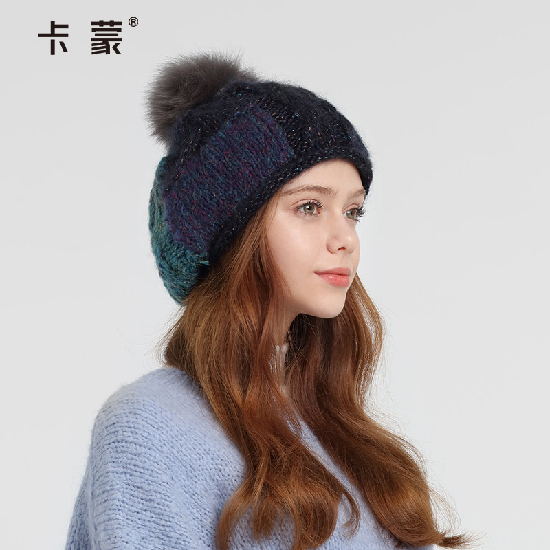 卡蒙秋季卷边狐狸毛球后托贝雷帽