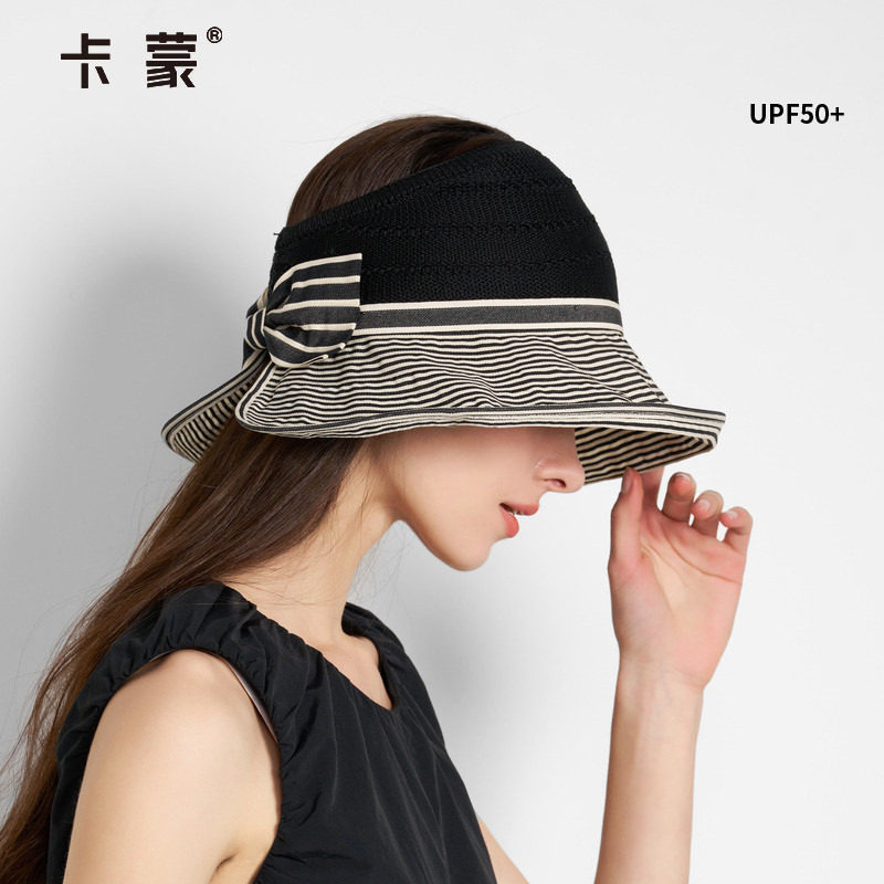卡蒙半空顶帽大檐赫本风防晒帽女遮脸条纹可折叠可扎发防风遮阳帽