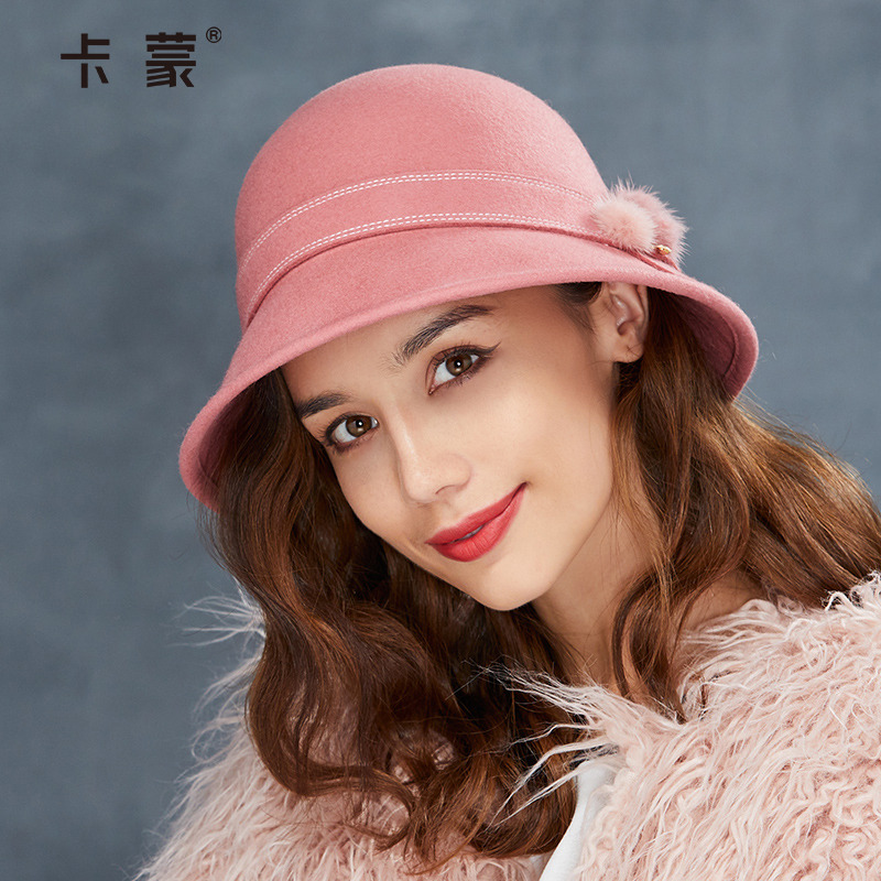 卡蒙赫本风小清新圆顶纯羊毛呢女生礼帽冬季时尚水貂毛球小盆帽