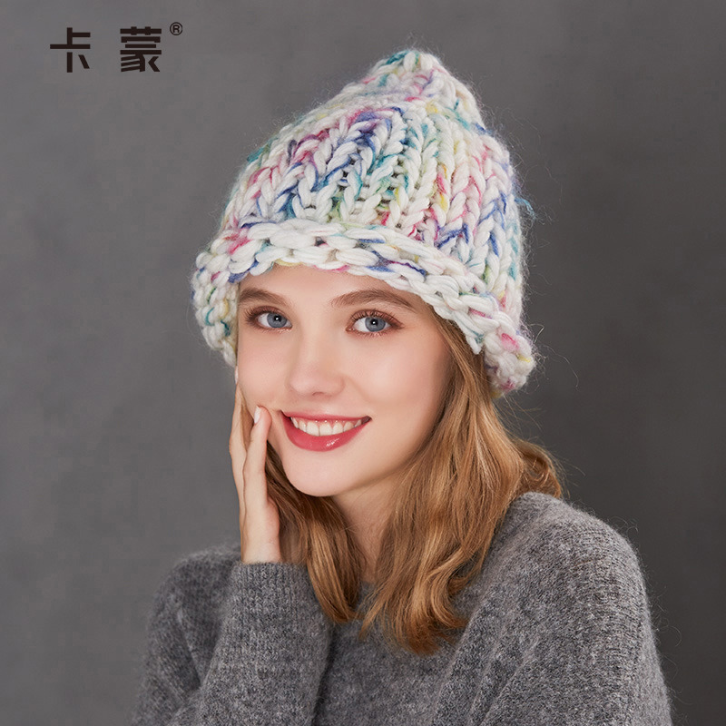 卡蒙白色手工冬季粗毛线帽女帽ins日系可爱时尚卷边针织帽奶嘴帽