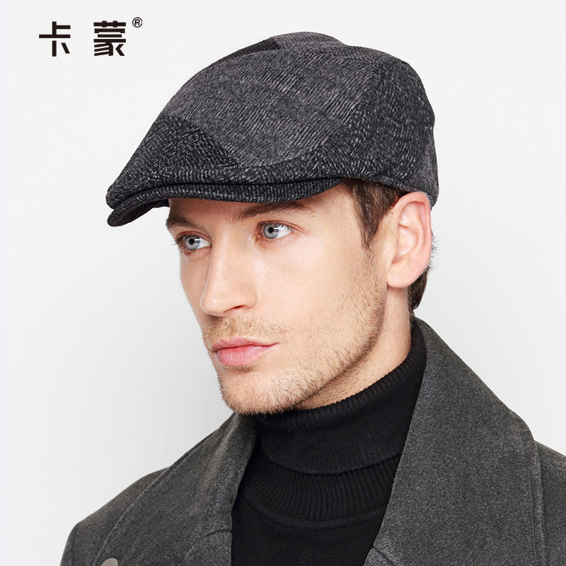 卡蒙秋冬男款帽子潮短鸭舌帽中年男士短檐贝雷帽时尚韩版青年呢帽