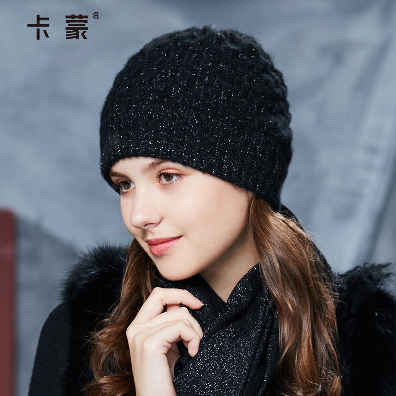 卡蒙全羊绒帽子黑色针织帽欧美女冬双层保暖毛线帽加厚纯色堆堆帽