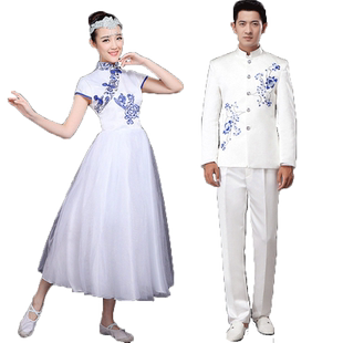 青花瓷大合唱演出服女纱裙学生合唱服装成人连衣裙二胡古筝表演服