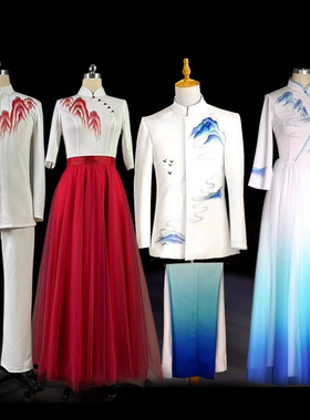 大合唱团演出服女长裙红歌比赛服装红色爱国朗诵指挥主持人晚礼服