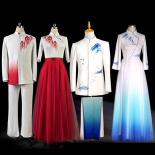 大合唱团演出服女长裙红歌比赛服装红色爱国朗诵指挥主持人晚礼服