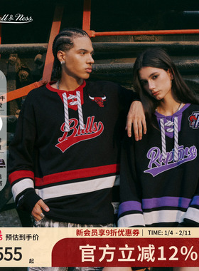 mitchell&ness25秋冬新款猛龙勇士公牛潮流拼色冰球系带卫衣男MN