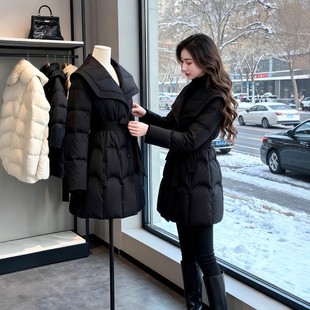 冬季 黑色收腰棉服女中长款 女装 显瘦大码 外套 修身