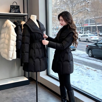 黑色收腰棉服女中长款修身显瘦大码女装冬季外套