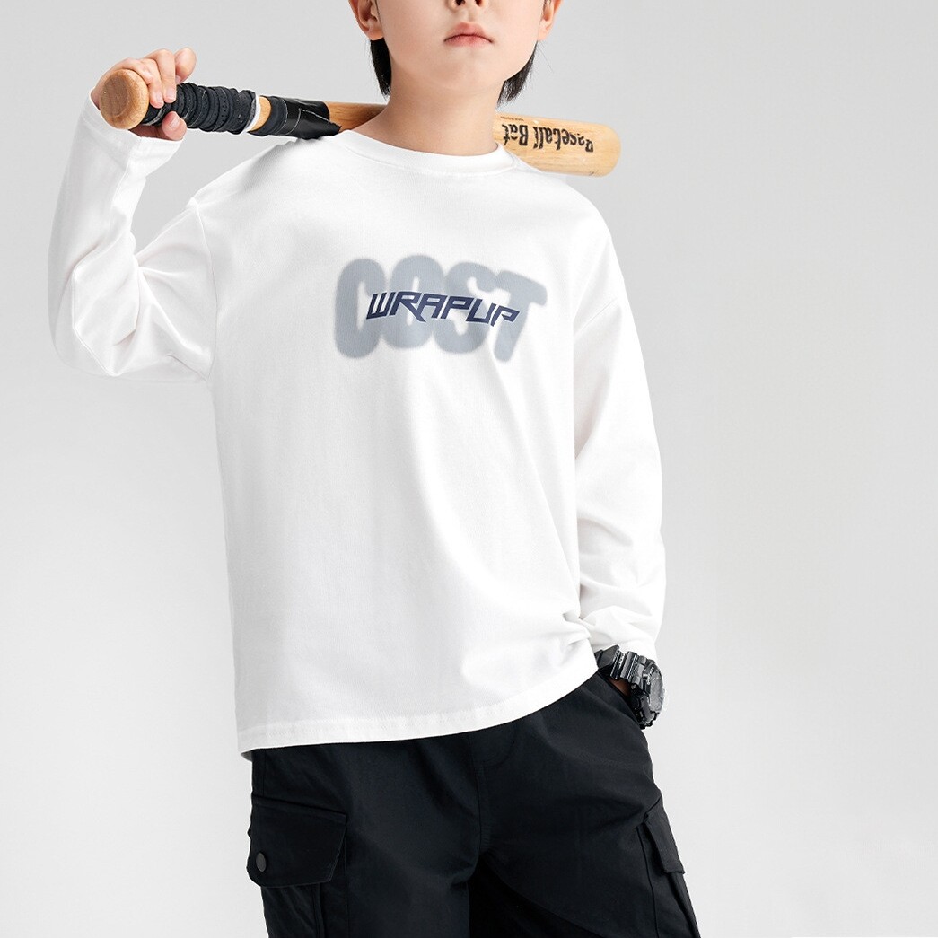 休闲风长袖T恤男童白色圆领字母印花宽松纯棉简约套头衫上衣