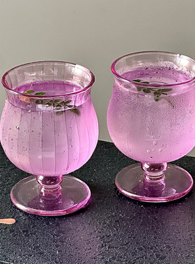 小众复古玻璃杯紫色矮脚杯冰美式咖啡杯拿铁杯特调饮品果汁杯子