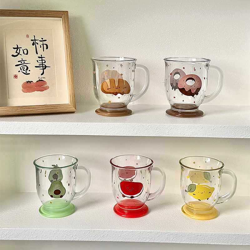 卡通玻璃杯家用高脚杯高颜值水杯女2025新款果汁杯奶茶咖啡杯