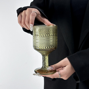 法兰晶ins风浮雕露珠彩色玻璃高脚杯家用果汁饮料杯欧式复古水杯