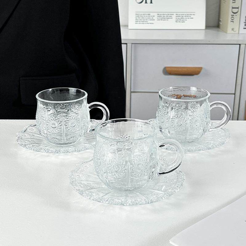 新款北欧ins网红咖啡杯复古浮雕冰花杯碟玻璃茶杯下午茶果茶杯子,餐饮具,玻璃杯,淘宝优惠券,粉丝福利购,淘宝优惠卷
