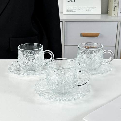 新款北欧ins网红咖啡杯复古浮雕冰花杯碟玻璃茶杯下午茶果茶杯子