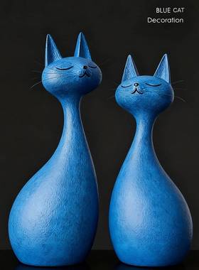 蓝色猫咪装饰摆件一对家居工艺品