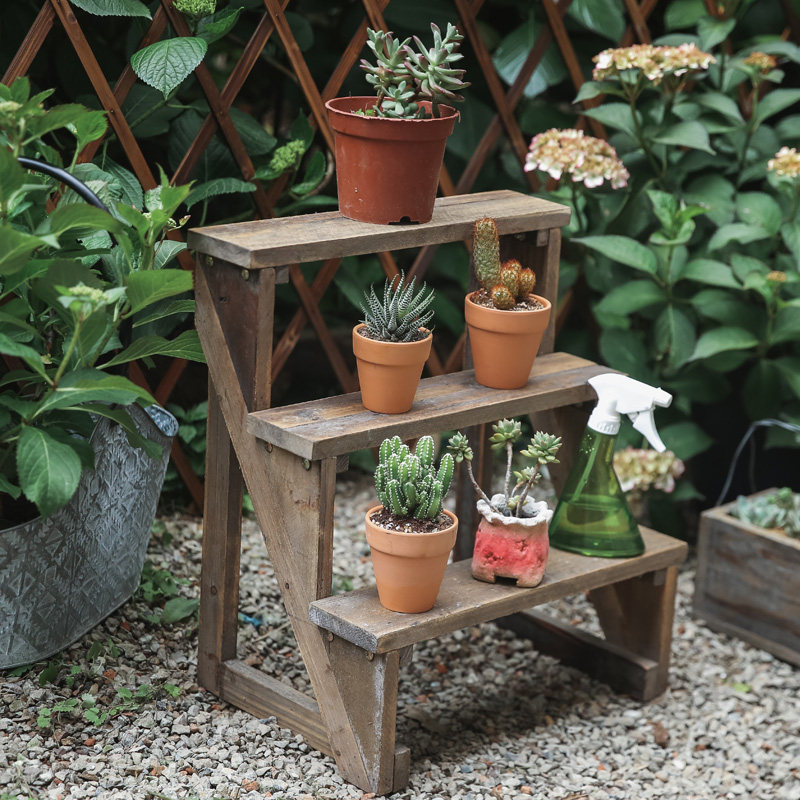 花开了 三层梯级小花架实木复古做旧阳台庭院花园盆栽置物架靠墙