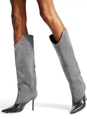 2020新款高筒靴拼色灰色/黑色8厘米尖头女鞋小众款不撞款百搭套筒