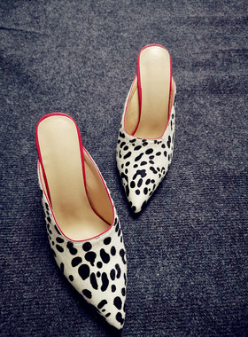 2021春新款尖头包头拖超高跟马毛拼色红色女鞋凉鞋10厘米百搭款