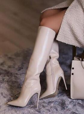 2023春秋新款女鞋真皮白色超高细跟气质套筒明星款高筒纯色侧拉链