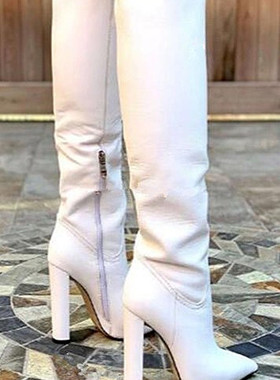 2020冬新款尖头粗跟牛皮白色高筒靴 舒适百搭显瘦纯色女士侧拉链