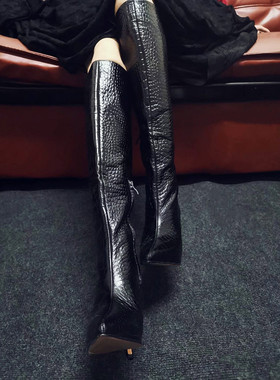 2020冬款黑色棕色头层鳄鱼纹尖头超高跟欧美高筒靴女士性感细跟