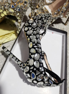 2023春秋新款单黑色水晶钻玻璃高细跟婚鞋宴会尖头扣带8厘米女鞋