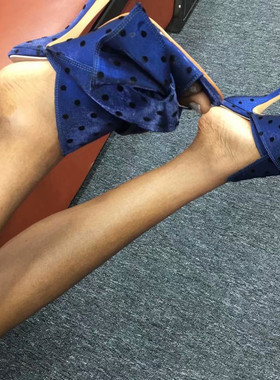 2021夏季新超高粗跟蓝色黑点布11厘米欧美超大蝴蝶小众女鞋大码44