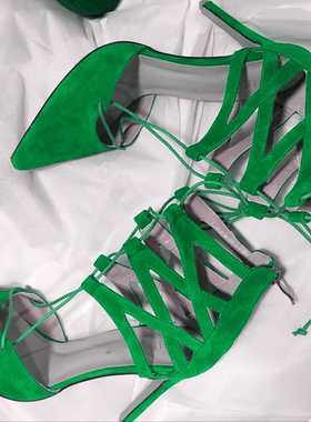 silla rulers 女鞋凉鞋超高跟细跟尖头羊绒走秀舞台绿色10厘米