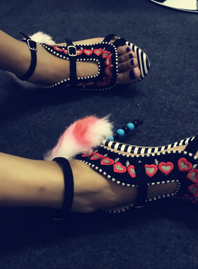 silla rulers绣花凉鞋绣心超高珠珠跟兔毛拼色鞋走秀鞋黑色/条纹