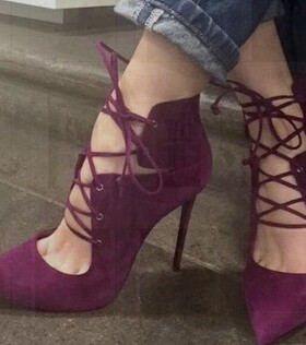 2020细跟系带真皮超高跟10厘米女鞋尖头酒红百搭款浅口外贸春秋款