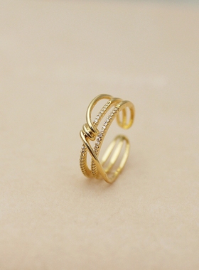 轻奢三层浅金色开口可调节戒指