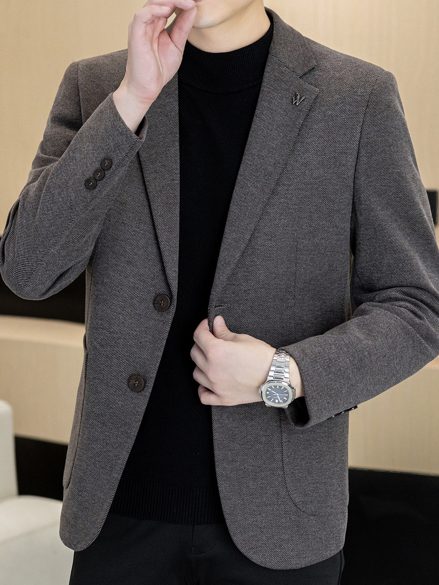 男士灰色西装外套春秋商务休闲修身免烫高级感西服韩版潮单西上衣