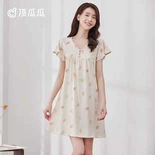 顶瓜瓜彩棉新款夏季短袖甜美睡裙顶呱呱女宽松纯棉小清新印花睡裙