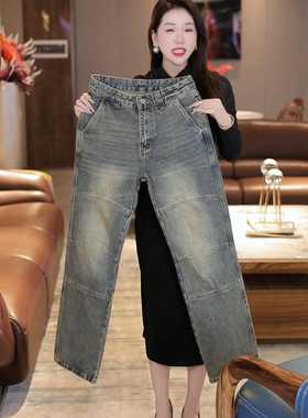 INTI秋冬宽松直筒大裤脚阔腿裤复古做旧蓝色男士牛仔裤美式轻奢潮