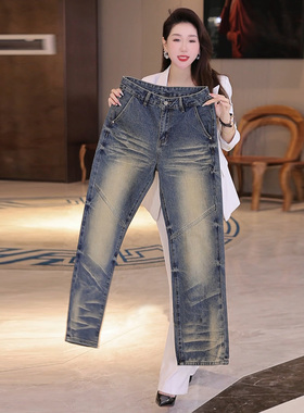 INTI秋冬高端牛仔裤男宽松大直筒复古做旧拼接机车风男装潮牌长裤