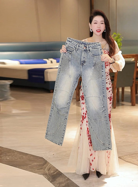 INTI秋冬新款牛仔裤男宽松直筒大裤脚机车风拼接户外加长男裤子潮