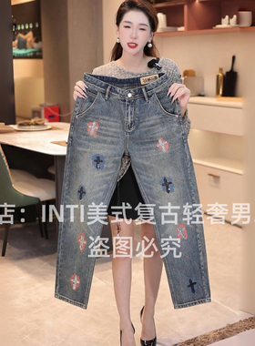 INTI秋冬轻奢做旧高端印花泼墨男士牛仔裤宽松直筒高街个性休闲潮