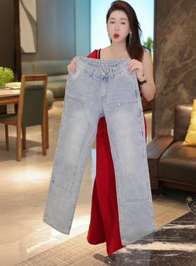 INTI秋冬高端美式原创高级冰蓝色男士牛仔裤宽松直筒大裤脚阔腿裤