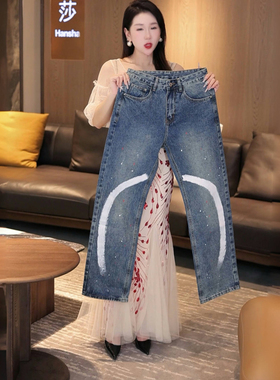 INTI秋冬潮牌复古做旧蓝色泼墨涂鸦宽松直筒大裤脚阔腿男士牛仔裤