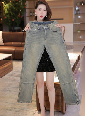 INTI秋冬高端美式高街复古做旧黄泥色宽松直筒男士牛仔裤潮牌个性