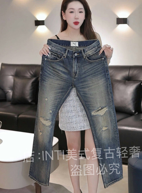 INTI秋冬高端复古美式做旧蓝色破洞宽松直筒男士牛仔裤阔腿裤潮牌