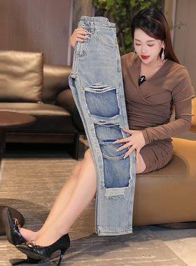 INTI秋冬高端潮牌牛仔裤男破洞补丁浅色机车裤男耐磨耐穿复古做旧