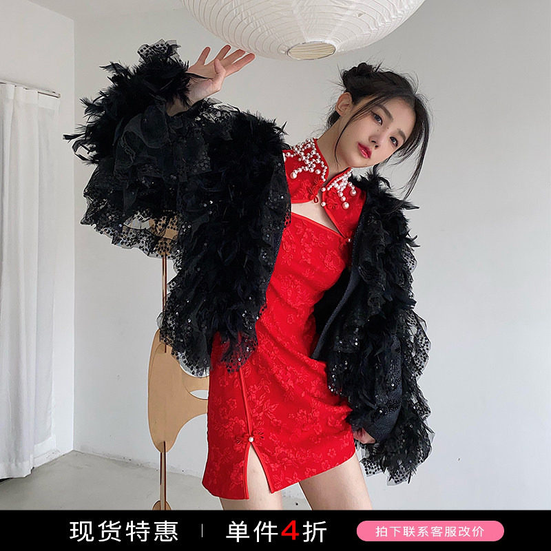 MIMI PLANGE 新中式旗袍珍珠提花镂空连衣裙星空珠片编织皮草外套