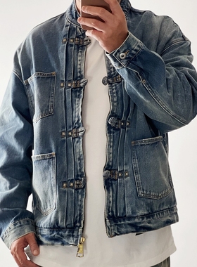 超越文乐MDNS系 BEN'S赤耳做旧水洗铆钉棒球领宽松牛仔外套唐装风