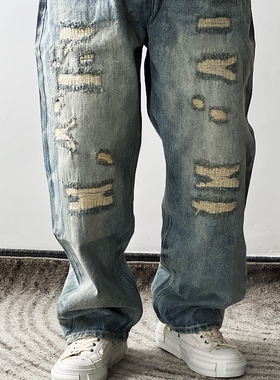 碾压一切 日系Dirty Fit破烂补丁赤耳封边17盎重磅牛仔裤宽跨直筒