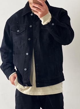 Okayama 日单new vintage重磅黑色丹宁牛仔夹克Dirty Fit磨边破烂