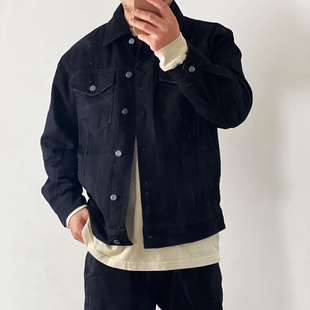 Okayama 日单new vintage重磅黑色丹宁牛仔夹克Dirty Fit磨边破烂
