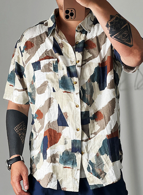 OKayama 原货RL古巴风格棉麻混织碎花短袖衬衫宽松短款old school